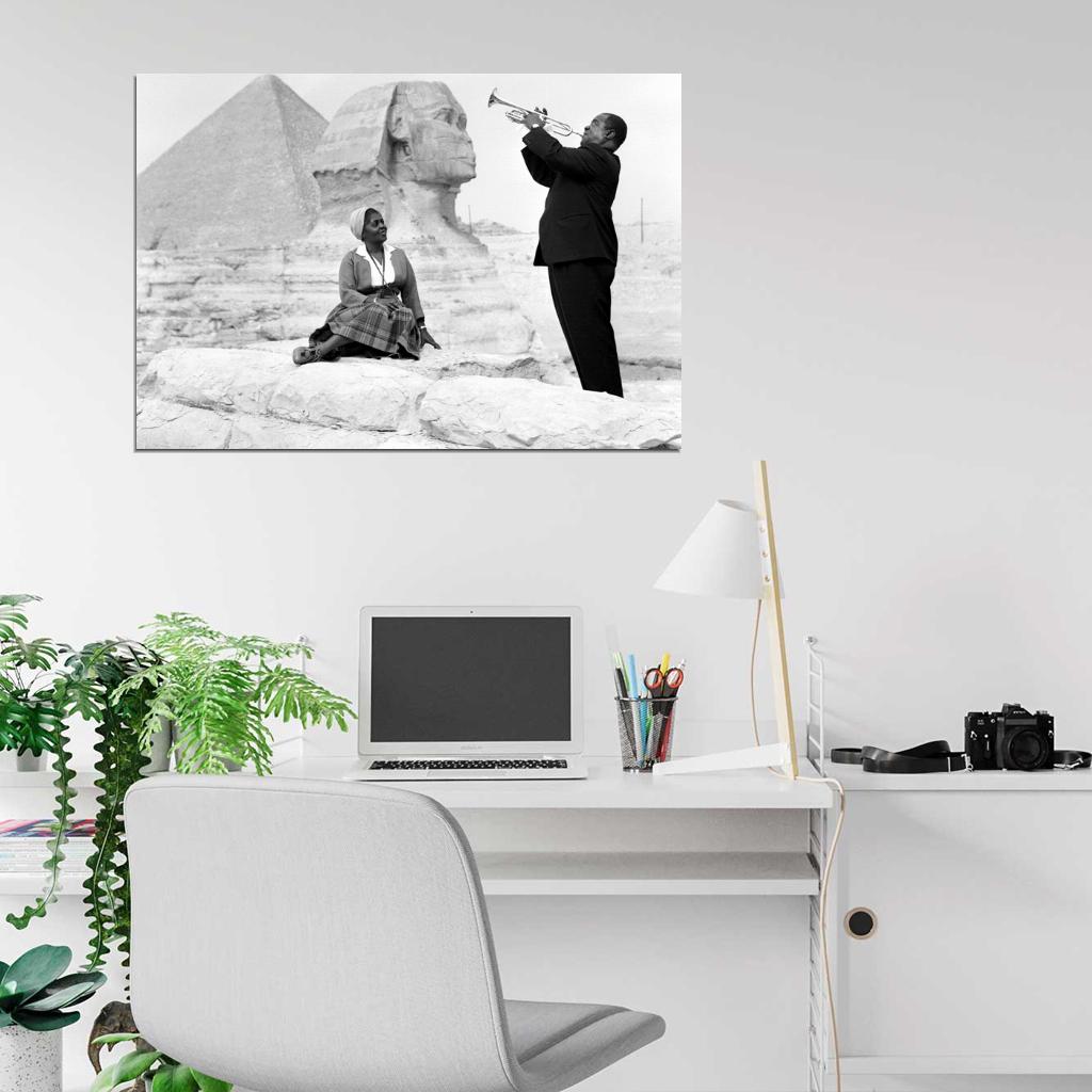 Louis Armstrong Wife Sphinx Pyramids Giza Egypt 1961 Retro BW Music Wall Art Print Poster