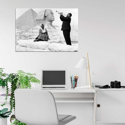 Louis Armstrong Wife Sphinx Pyramids Giza Egypt 1961 Retro BW Music Wall Art Print Poster