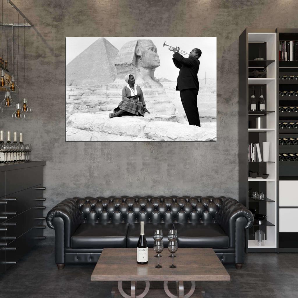 Louis Armstrong Wife Sphinx Pyramids Giza Egypt 1961 Retro BW Music Wall Art Print Poster