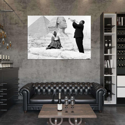 Louis Armstrong Wife Sphinx Pyramids Giza Egypt 1961 Retro BW Music Wall Art Print Poster
