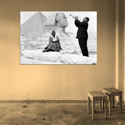 Louis Armstrong Wife Sphinx Pyramids Giza Egypt 1961 Retro BW Music Wall Art Print Poster
