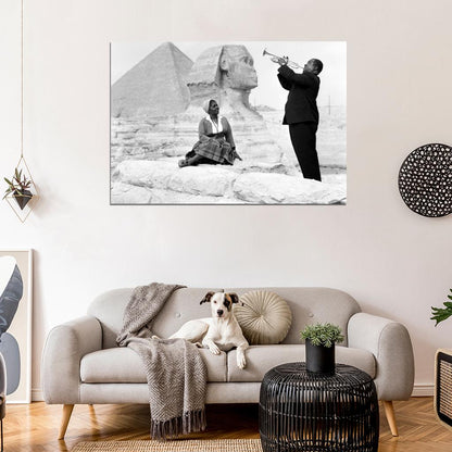 Louis Armstrong Wife Sphinx Pyramids Giza Egypt 1961 Retro BW Music Wall Art Print Poster