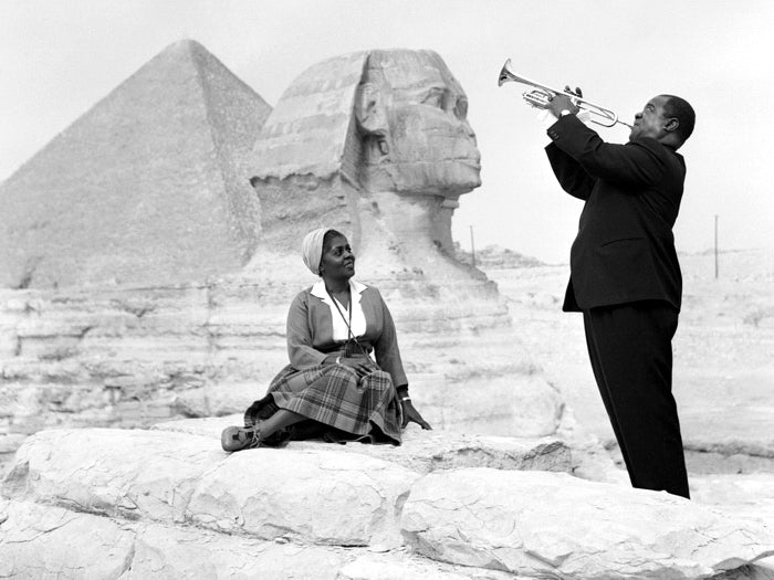 Louis Armstrong Wife Sphinx Pyramids Giza Egypt 1961 Retro BW Music Wall Art Print Poster