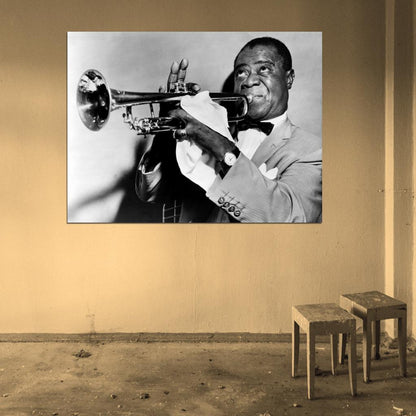 Louis Armstrong Trumpet Retro BW Jazz Music Wall Art Print Poster
