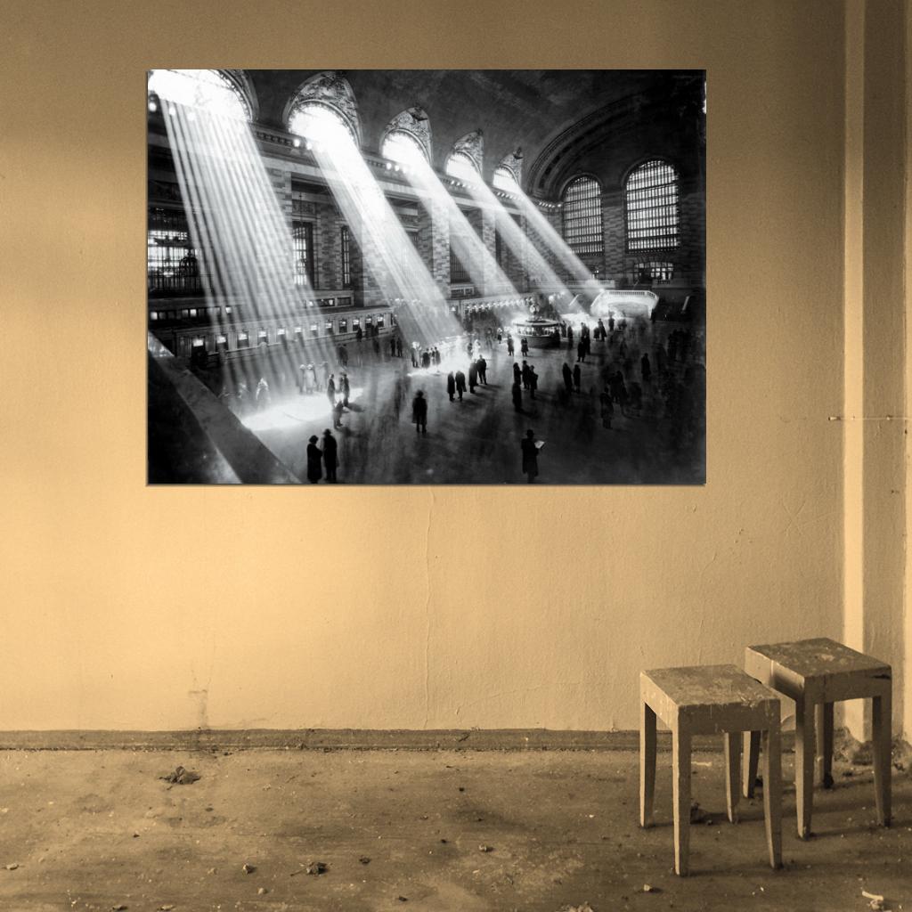 NYC Grand Central Station 1929 Lights Retro Photo BW New York Wall Art Print Poster
