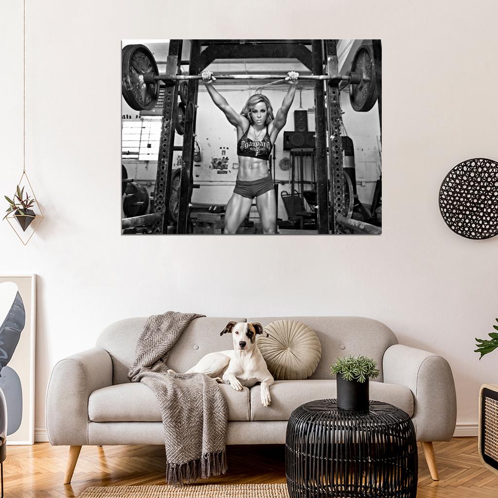 Hot Girl Powerlifting Bodybuilding Fitness Workout Muscles BW Wall Art Print Poster
