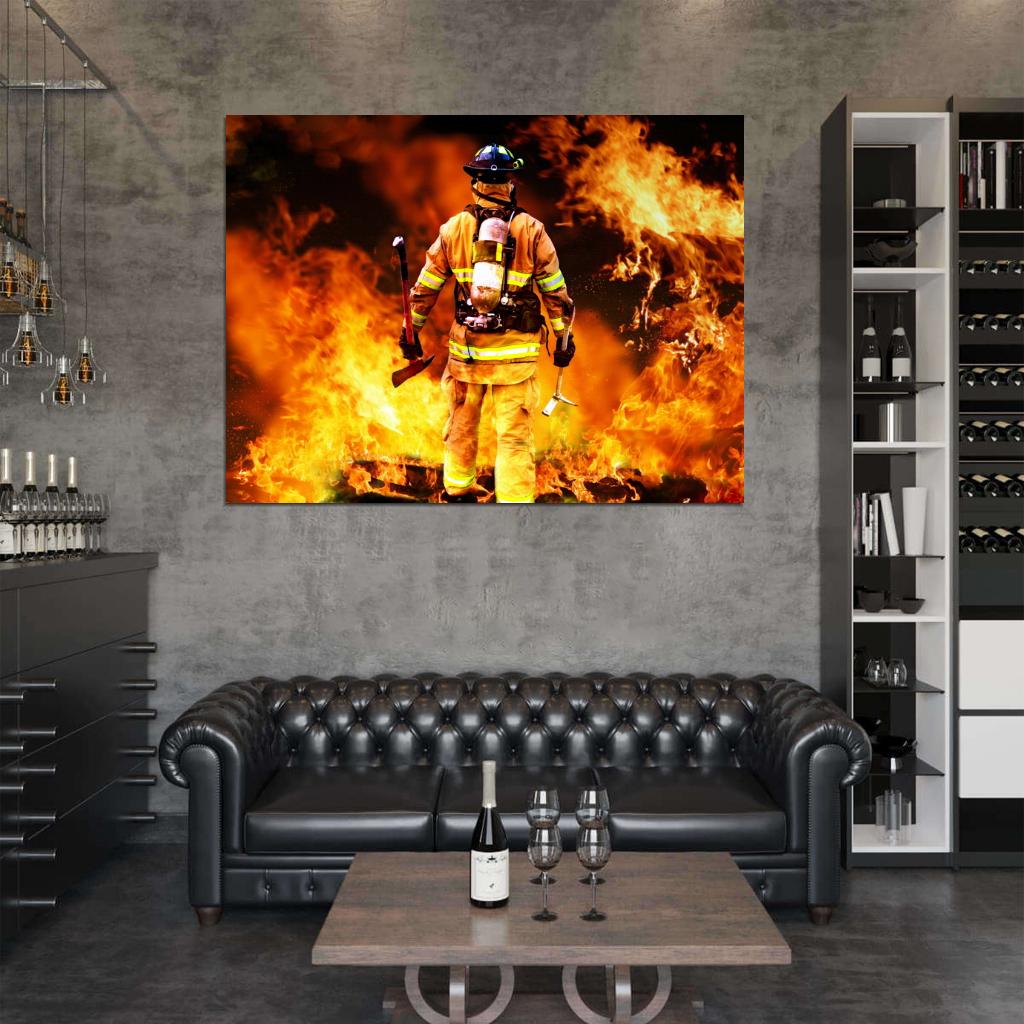 Firefighter Hero Fireman Flames Axe Wall Art Print Poster