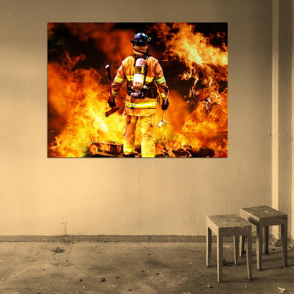 Firefighter Hero Fireman Flames Axe Wall Art Print Poster