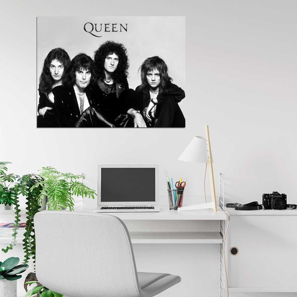 Queen Freddie Mercury John Deacon Roger Taylor Brian May Rock Band Music BW Retro Wall Art Print Poster