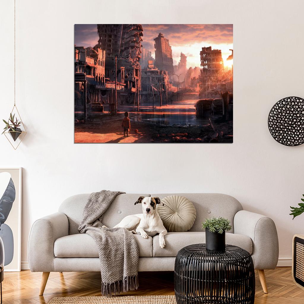 Awesome Post-Apocalyptic Dystopian Sunset City Ruins Kid Sci-Fi Art Wall Art Print Poster