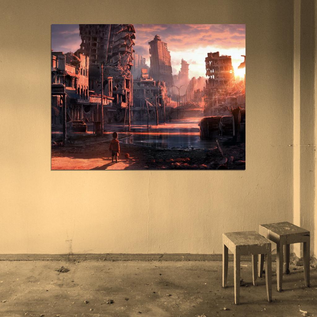 Awesome Post-Apocalyptic Dystopian Sunset City Ruins Kid Sci-Fi Art Wall Art Print Poster