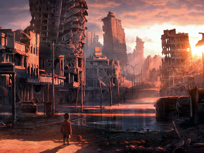 Awesome Post-Apocalyptic Dystopian Sunset City Ruins Kid Sci-Fi Art Wall Art Print Poster