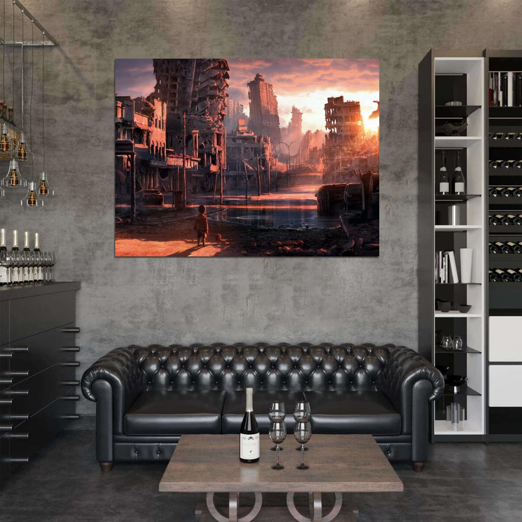 Awesome Post-Apocalyptic Dystopian Sunset City Ruins Kid Sci-Fi Art Wall Art Print Poster