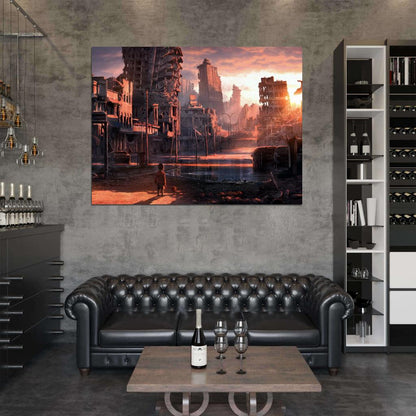 Awesome Post-Apocalyptic Dystopian Sunset City Ruins Kid Sci-Fi Art Wall Art Print Poster