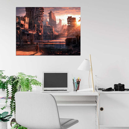 Awesome Post-Apocalyptic Dystopian Sunset City Ruins Kid Sci-Fi Art Wall Art Print Poster
