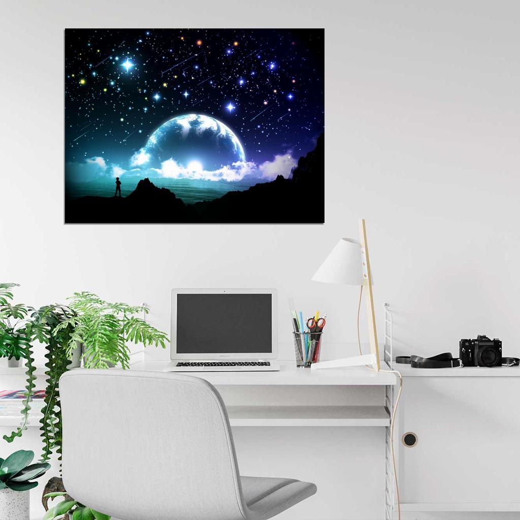 Amazing Night Stars Planet Moon Beautiful Art Wall Art Print Poster