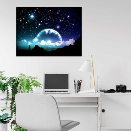Amazing Night Stars Planet Moon Beautiful Art Wall Art Print Poster