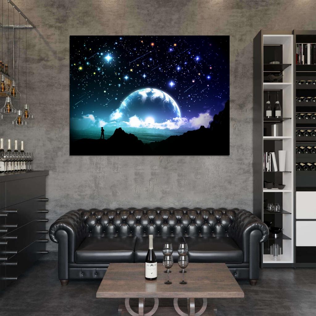 Amazing Night Stars Planet Moon Beautiful Art Wall Art Print Poster