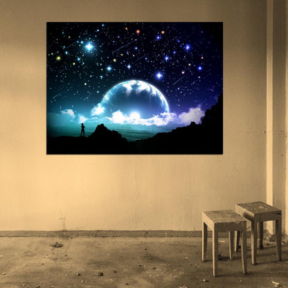Amazing Night Stars Planet Moon Beautiful Art Wall Art Print Poster