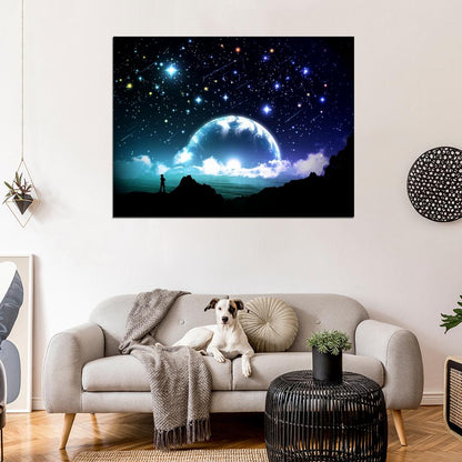 Amazing Night Stars Planet Moon Beautiful Art Wall Art Print Poster