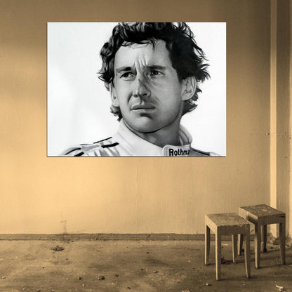 Ayrton Senna da Silva Formula One Race Driver BW Portrait Painting Art Wall Art Print Poster