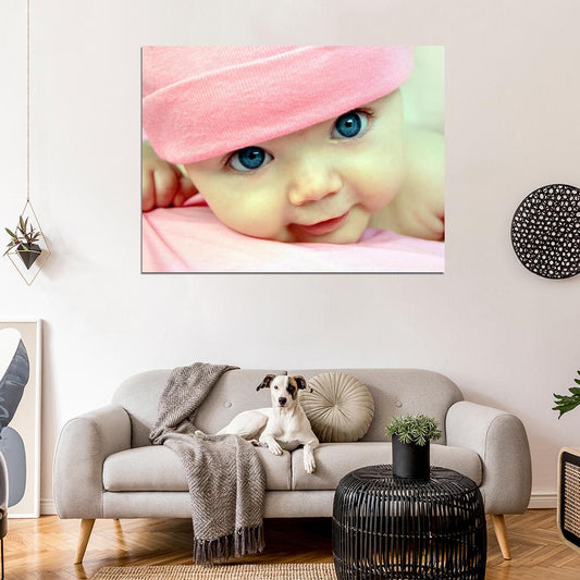 Cute Baby Beautiful Blue Eyes Kid Child Infant Happy Pink Wall Art Print Poster