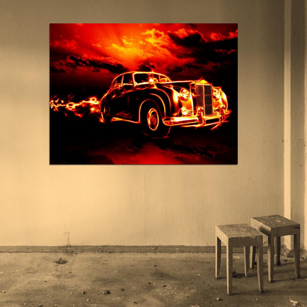 Ghost Rider Fire Flame Hell Classic Retro Car Creepy Art Wall Art Print Poster