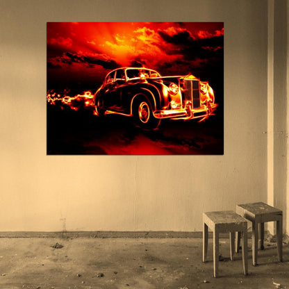 Ghost Rider Fire Flame Hell Classic Retro Car Creepy Art Wall Art Print Poster