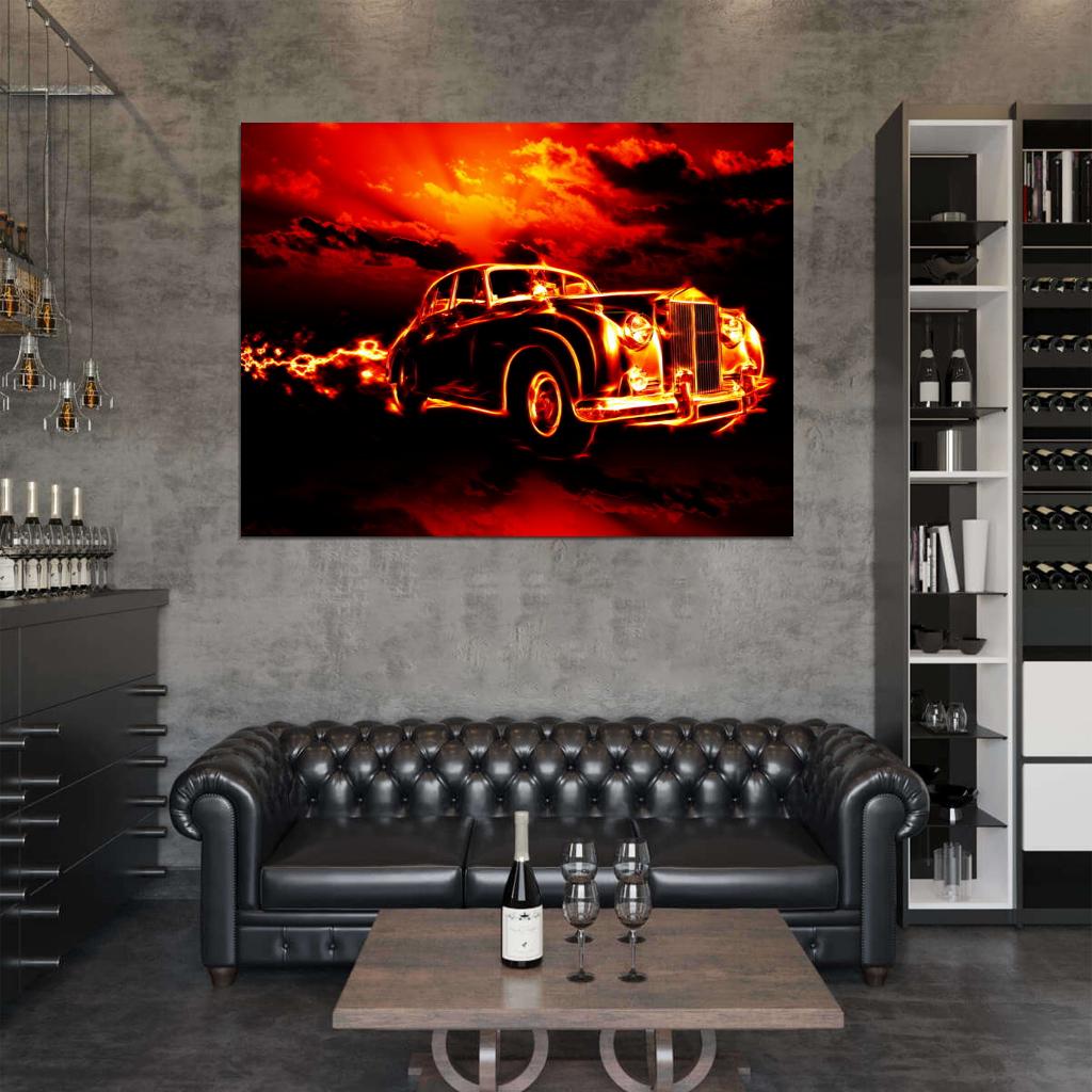 Ghost Rider Fire Flame Hell Classic Retro Car Creepy Art Wall Art Print Poster