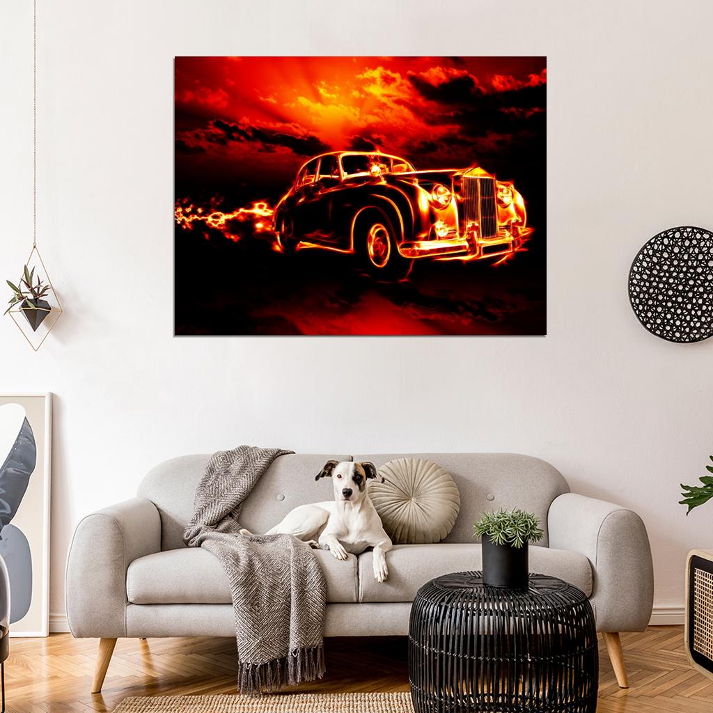 Ghost Rider Fire Flame Hell Classic Retro Car Creepy Art Wall Art Print Poster