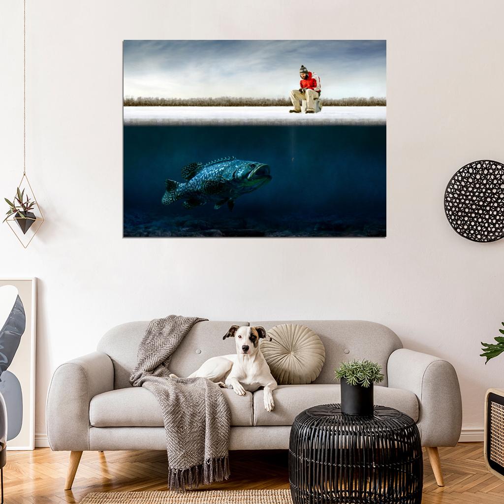 Fishing Cool Funny Giant Fish Underwater Ice Winter Snow Wall Art Print Poster