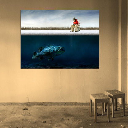 Fishing Cool Funny Giant Fish Underwater Ice Winter Snow Wall Art Print Poster