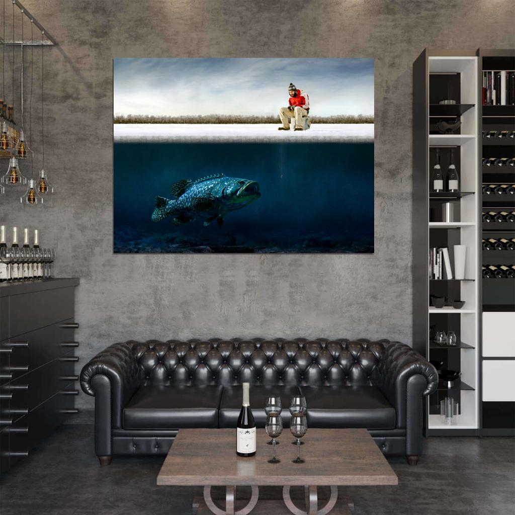 Fishing Cool Funny Giant Fish Underwater Ice Winter Snow Wall Art Print Poster