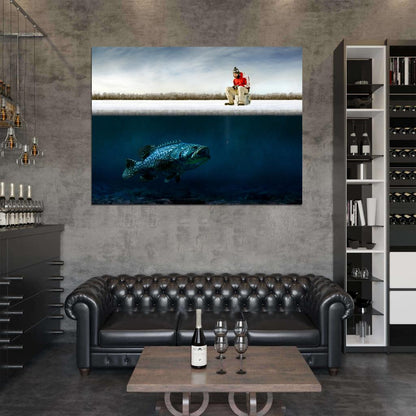 Fishing Cool Funny Giant Fish Underwater Ice Winter Snow Wall Art Print Poster