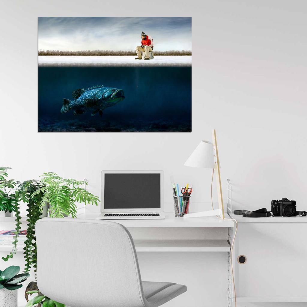 Fishing Cool Funny Giant Fish Underwater Ice Winter Snow Wall Art Print Poster