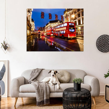 London Red Double-Decker Bus England Great Britain Night Street Lights Wall Art Print Poster