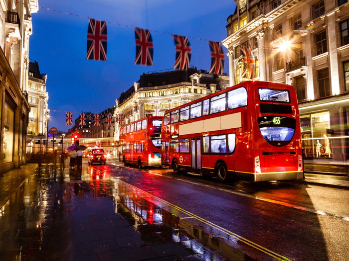 London Red Double-Decker Bus England Great Britain Night Street Lights Wall Art Print Poster