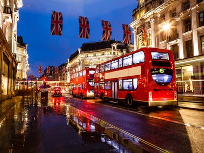 London Red Double-Decker Bus England Great Britain Night Street Lights Wall Art Print Poster