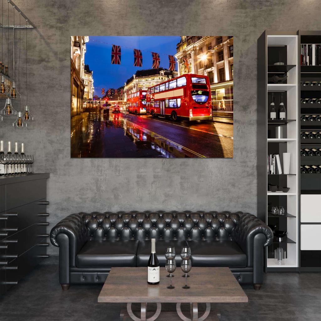 London Red Double-Decker Bus England Great Britain Night Street Lights Wall Art Print Poster
