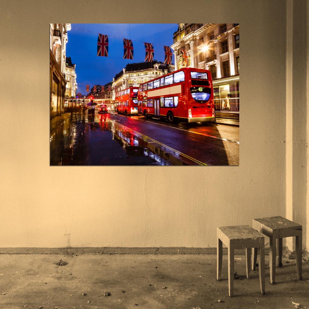 London Red Double-Decker Bus England Great Britain Night Street Lights Wall Art Print Poster