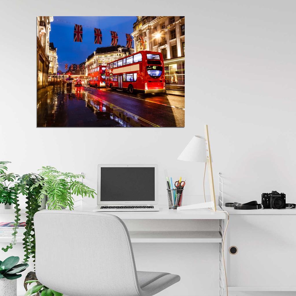 London Red Double-Decker Bus England Great Britain Night Street Lights Wall Art Print Poster