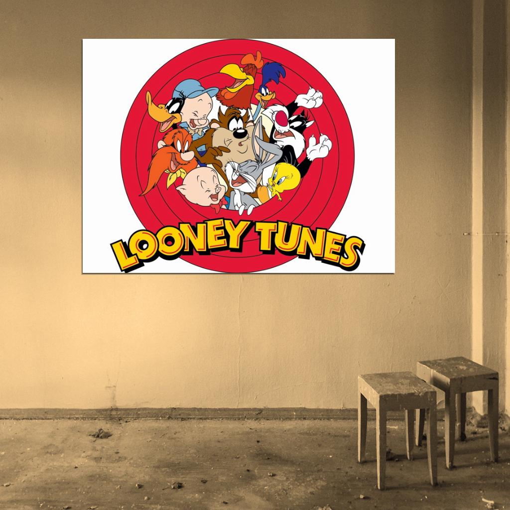Looney Tunes Logo Characters Bugs Bunny Elmer Daffy Porky Road Runner Sylvester Tweety Tasmanian Devil Yosemite Foghorn Wall Art Print Poster