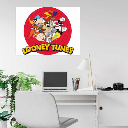 Looney Tunes Logo Characters Bugs Bunny Elmer Daffy Porky Road Runner Sylvester Tweety Tasmanian Devil Yosemite Foghorn Wall Art Print Poster