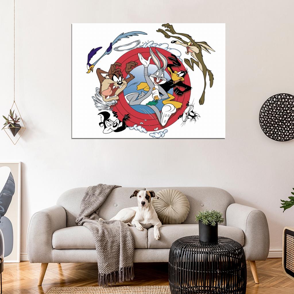 Looney Tunes Logo Characters Bugs Bunny Daffy Duck Road Runner Coyote Tasmanian Devil Cartoon Wall Art Print Poster