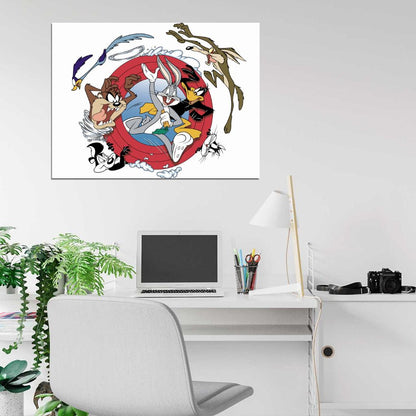 Looney Tunes Logo Characters Bugs Bunny Daffy Duck Road Runner Coyote Tasmanian Devil Cartoon Wall Art Print Poster