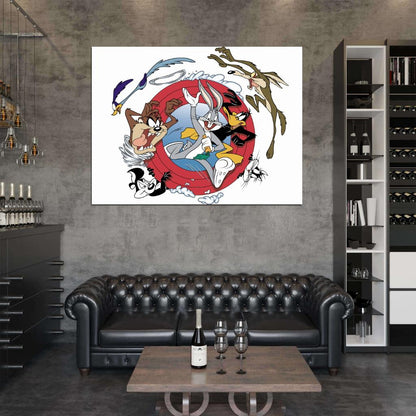 Looney Tunes Logo Characters Bugs Bunny Daffy Duck Road Runner Coyote Tasmanian Devil Cartoon Wall Art Print Poster