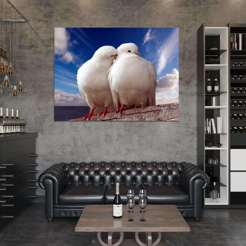Pigeons Dove Blue Sky Sea Love Romance Kiss Peace Wall Art Print Poster