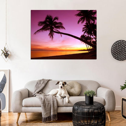 Tropical Paradise Sunset Palm Tree Ocean Beach Sea Beautiful Nature Landscape Wall Art Print Poster