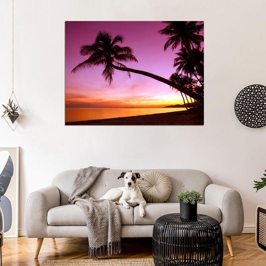 Tropical Paradise Sunset Palm Tree Ocean Beach Sea Beautiful Nature Landscape Wall Art Print Poster