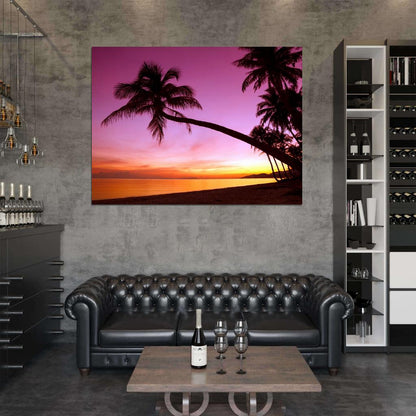 Tropical Paradise Sunset Palm Tree Ocean Beach Sea Beautiful Nature Landscape Wall Art Print Poster